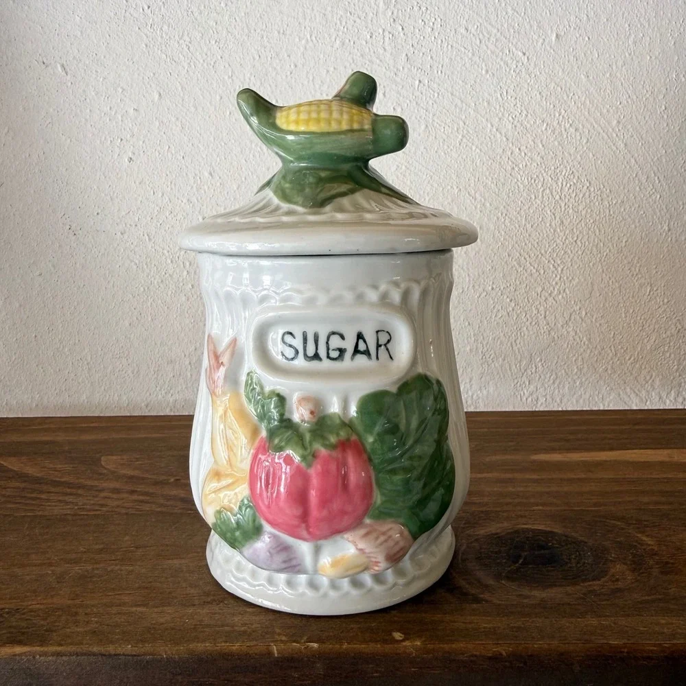 Ceramic Flour Sugar Canister Set Vegetable Kitchen Decor Grandmacore Missing Lid